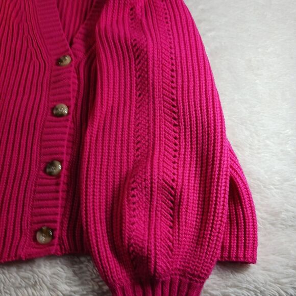 Madison Gray Women’s Pink 4 Button  Cardigan Knit Balloon Sleeve V-Neck Size L - Picture 7 of 8